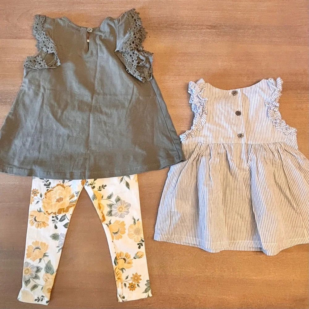 Tahari Baby Olive Green Dress Floral Leggings + Striped Dress Gray White, 18m - Picture 2 of 7